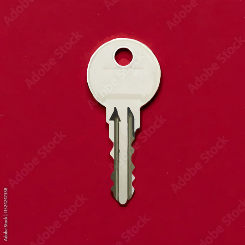 Silver Key Lies Centered on Red Background

