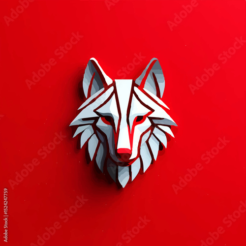 Geometric Wolf Head Stares Intensely on Red Background

