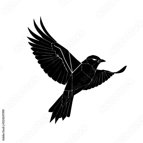 Abstract Black Bird Flies Freely on White Backdrop

