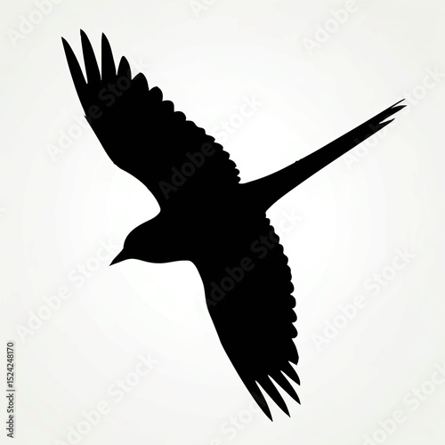 Abstract Black Bird Flies Freely on White Backdrop

