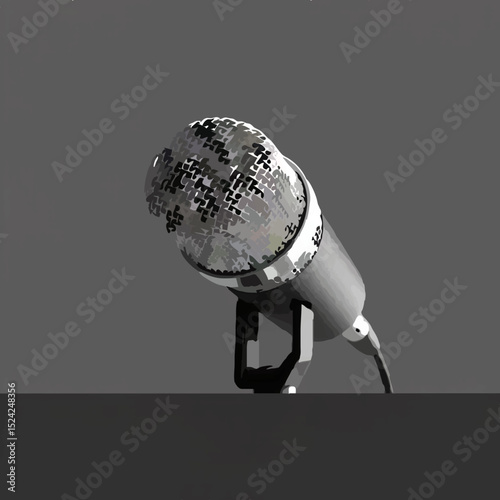 Pixelated Microphone Stands Solemnly on Grey Backdrop

