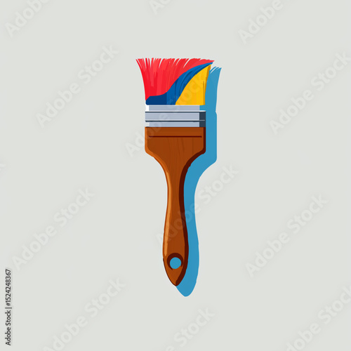 Colorful Paintbrush Applies Multicolored Paint on Beige Background

