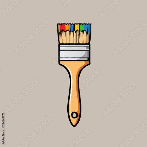 Colorful Paintbrush Applies Multicolored Paint on Beige Background


