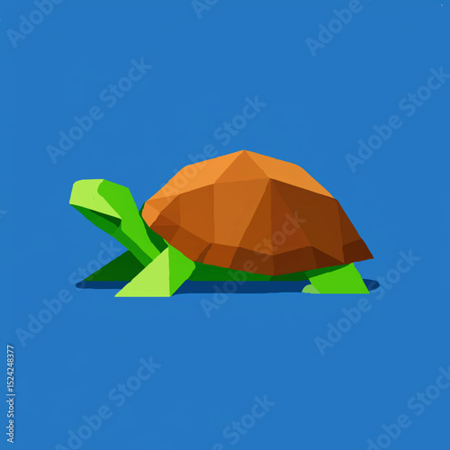 Low Poly Turtle Walks Slowly on Blue Background

