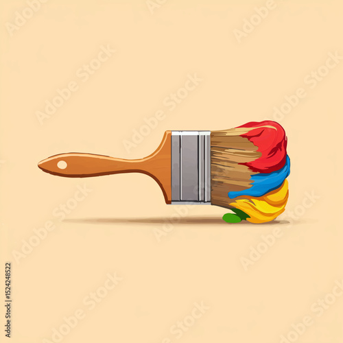 Colorful Paintbrush Applies Multicolored Paint on Beige Background

