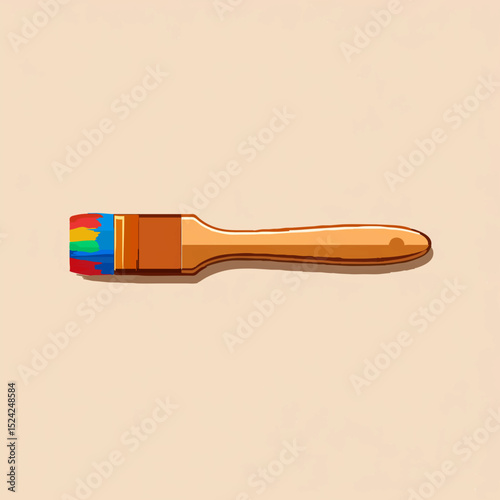 Colorful Paintbrush Applies Multicolored Paint on Beige Background

