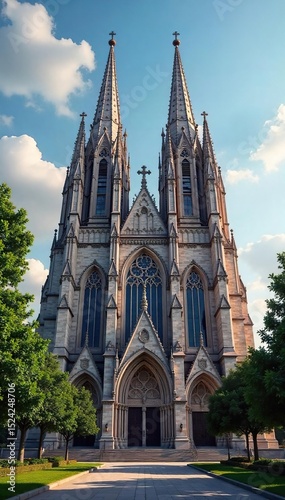 Majestic cathedral, soaring spires reaching for the heavens, intricate architectural details, stained glass windows, peaceful atmosphere, religious building, place of worship , peaceful, faith