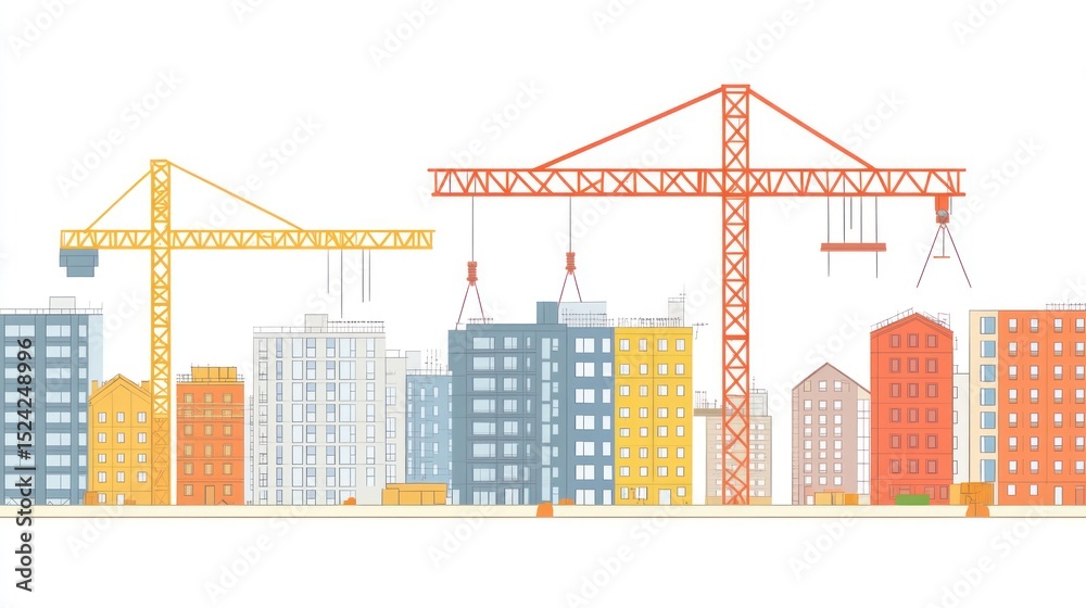 Obraz premium Cityscape with cranes raising buildings, flat design, bright colors, clean lines