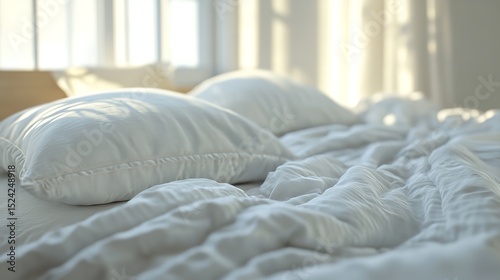 Close up of white pillows and blanket with blurred background