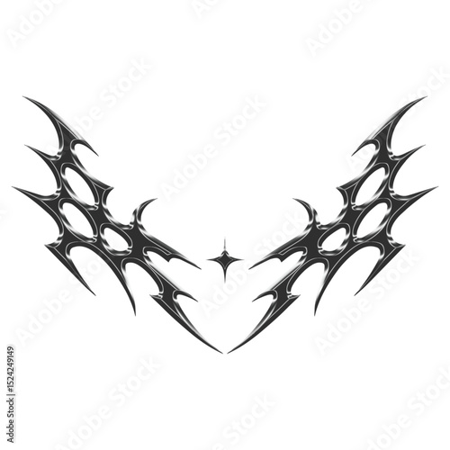 3d chrome metal of y2k tribal sigilism tatto. Flame shape in liquid mercury. 3d illustration of abstract neo tribal cyber sigil metallic melted modern burn form, design element. 3D Illustration