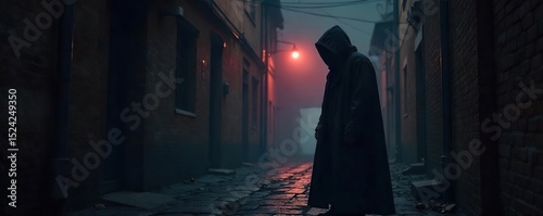 A lone figure shrouded in a dark hooded garment, standing mysteriously in a dimly lit alleyway The deep shadows create an air of intrigue and secrecy , alleyway, incognito
