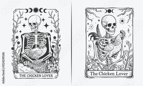 Skeleton Holding Chicken Design - 'The Chicken Lover' with Celestial and Floral Elements