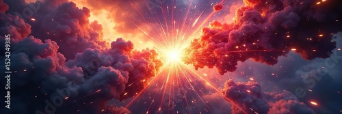Intense clash of two powerful forces, energy beams collide in a dramatic explosion of light and color, creating a visually stunning spectacle of conflict , warfare, explosion