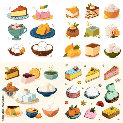 Flat and pastel illustration set of Asian-inspired desserts including tofu pudding, kueh, mochi, coconut sweets, and cakes. Ideal for culinary or cultural content.

