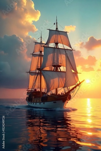 A majestic sailing ship glides across a calm ocean at sunset, its sails billowing in the gentle breeze, bathed in golden light The scene is idyllic and breathtakingly serene , beautiful, yacht