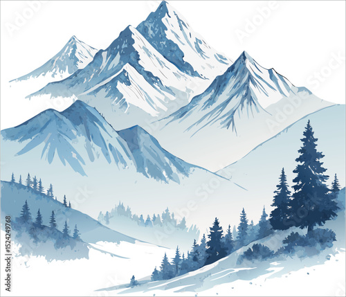 Watercolor painting of snow mountain landscape scenery with pine trees in winter season art print
