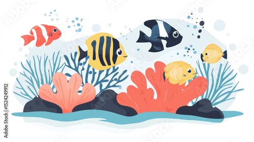 Cartoon fish swim amidst coral reefs, with water and bubbles on a white background
