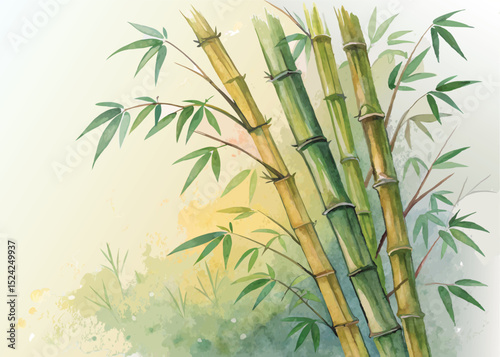 Watercolor painting of bamboo forest stems and leaves for asian zen garden art and meditation design ideas
