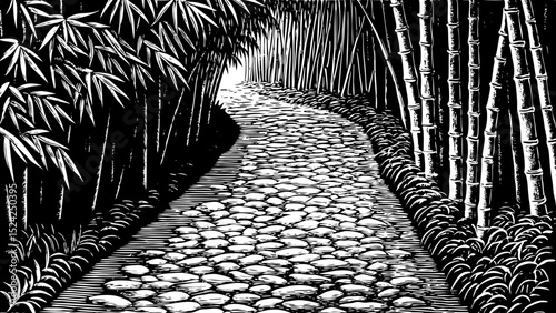 Black and white sketch vector of a stone path winding through a dense bamboo grove