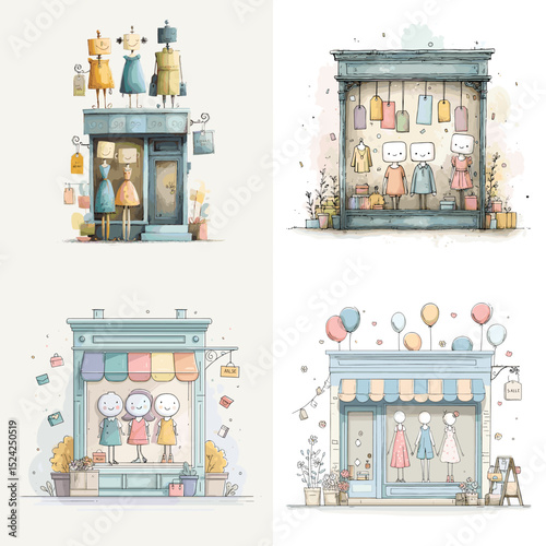 Whimsical watercolor storefront illustrations of boutique shops with mannequins, signs, and display items. Ideal for fashion, retail, or small business content.


