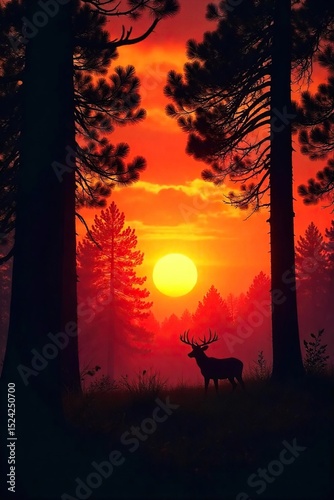 Silhouetted trees against a fiery sunset sky, the air thick with the anticipation of the hunt as twilight descends A perfect image for wildlife, nature, or hunting themes , light, twilight, leaves