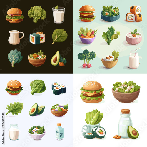 Flat icon set of healthy foods including avocado, leafy greens, milk, sushi, and burgers. Ideal for diet, nutrition, or culinary designs.

