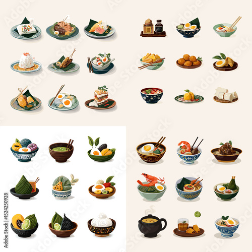 Illustration set of traditional Indonesian meals including rice dishes, soto, rendang, lontong, and traditional snacks. Great for culinary, cultural, or travel content.

