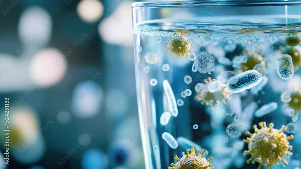 Microscopic View of Viruses in a Glass of Water Surrounded by Bubbles and Reflections 4k video footage