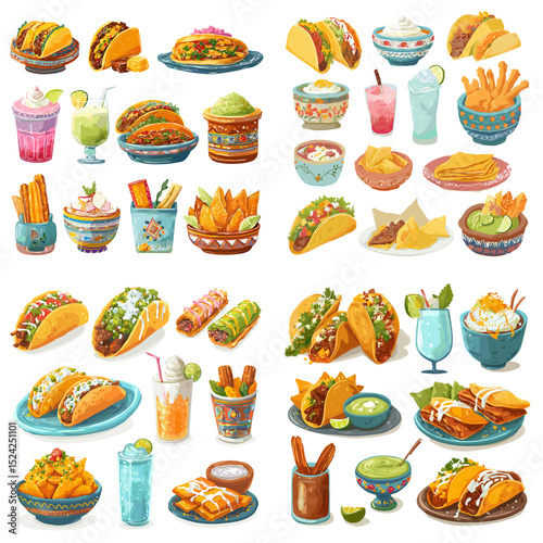 Watercolor Mexican food and drink illustration set including tacos, churros, guacamole, margaritas, nachos, and traditional dishes. Perfect for menus or culinary designs.

