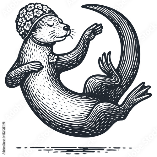 Charming otter in a flower swim cap, curled gracefully. Vintage linocut/engraving style vector. Cute, whimsical animal character. Monochrome illustration.
