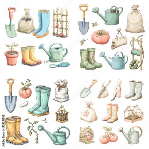 Hand-drawn gardening tools and accessories in soft pastel tones, including boots, shovels, watering cans, tomato plants, and seed bags. Perfect for garden and nature projects.

