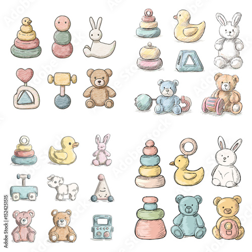 Adorable pastel baby toys set including teddy bears, ducks, stacking rings, and rattles. Ideal for nursery, baby shower, or parenting-themed designs.

