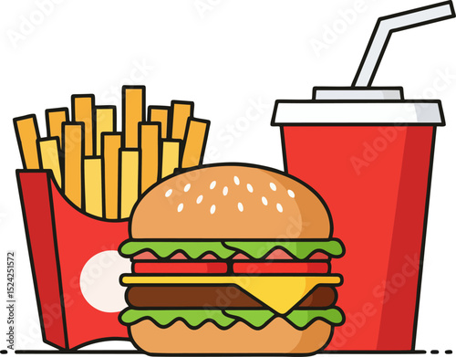 Vector Fast Food Combo Meal with Cheeseburger, French Fries, and Soda in Red Cups