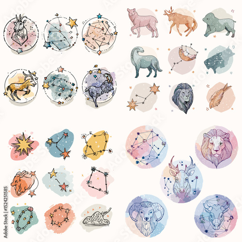 Watercolor zodiac sign and constellation icons featuring all 12 astrology signs with stars and cosmic elements. Great for horoscopes and spiritual designs.

