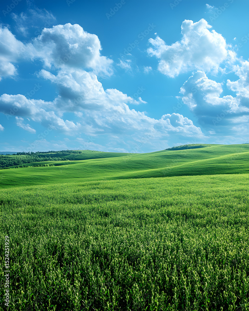 Naklejka premium green field and blue sky, Lush Green Soybean Plantation Field Background for Agriculture and Nature Projects