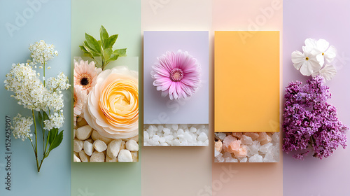 Colorful floral arrangement featuring various flowers and textures in a visually appealing layout, showcasing nature's beauty and vibrant colors. Selective focus