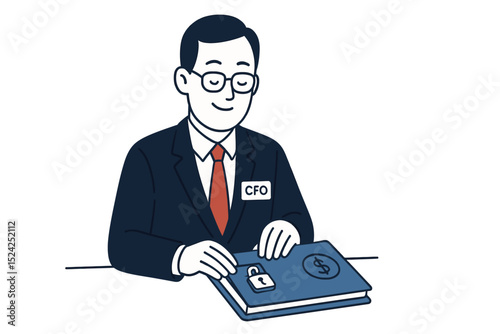 CFO smiling while closing secure financial folder at end of productive day flat vector illustration