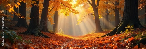 Crisp autumn air, golden leaves falling from vibrant trees onto a rich, earthy forest floor Sunlight filters through the canopy, creating a magical atmosphere , season, red