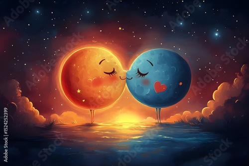 Adorable illustration of a sun and moon in love, sharing a sweet kiss. This charming artwork symbolizes the union of day and night, blending warmth and tranquility.
