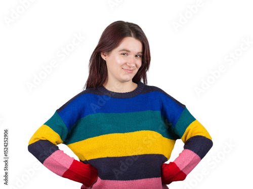 Positive cunning girl holding hands on waist. Young woman looking to camera with a sneaky look isolated on transparent background