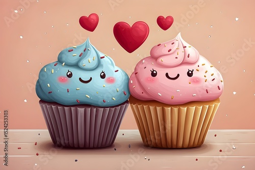 Charming illustration of two cute cupcakes with smiling faces, topped with colorful sprinkles and surrounded by floating hearts. Perfect representation of love, friendship, and sweetness.