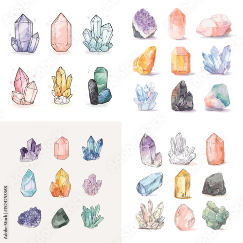 Beautiful watercolor crystals in various shapes and colors including amethyst, quartz, citrine, and emerald. Ideal for mystical, healing, and boho-themed designs.

