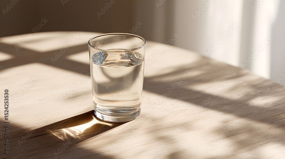 Crystal clear glass of fresh water standing on a sunlit wooden table with soft, natural shadows. Crystal clear glass of fresh water standing on a sunlit wooden table with soft, natural shadows.