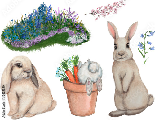 cute bunny Illustration with grass and flowers watercolor style vector format