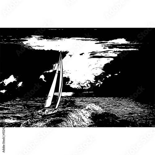 Sailboat yacht in the sea under sky and clouds at night vector illustration 