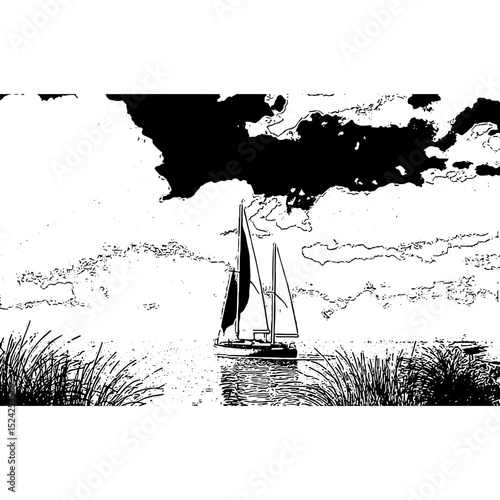 Sailing yacht in the sea under sky and clouds black and white vector illustration 