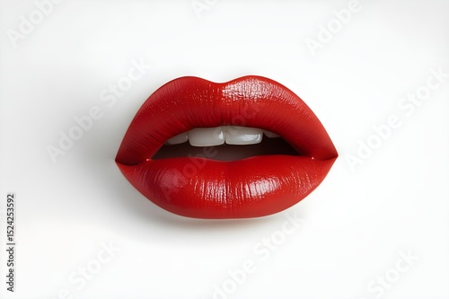 Close-up photo of vibrant red lips against a white background. The striking red lipstick highlights the texture and allure of the lips, conveying beauty, fashion, and sensuality.