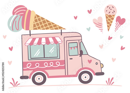 Cute pink ice cream truck illustration with hearts and cones for summer vibes and sweet treats design
