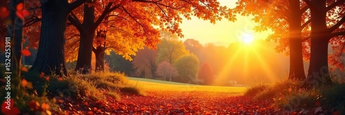 Golden hour sunlight bathes a vibrant autumn landscape in warm, rich hues Crisp air, fallen leaves, and the beauty of the season are captured in this breathtaking scene , trees, autumn, leaves
