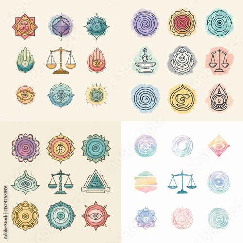 Colorful spiritual symbols and sacred geometry icons including chakras, mandalas, eyes, balance scales, and metaphysical designs. Ideal for wellness and mystical themes.

